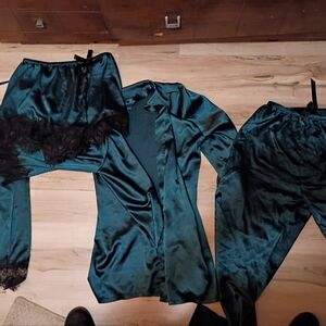 Adore Me Teal Satin Pajama Set with Black Lace